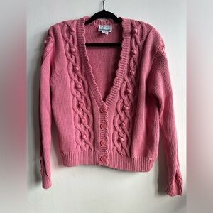 Vintage Bubblegum Pink Chunky Cable Knit Cotton Cardigan Size Medium